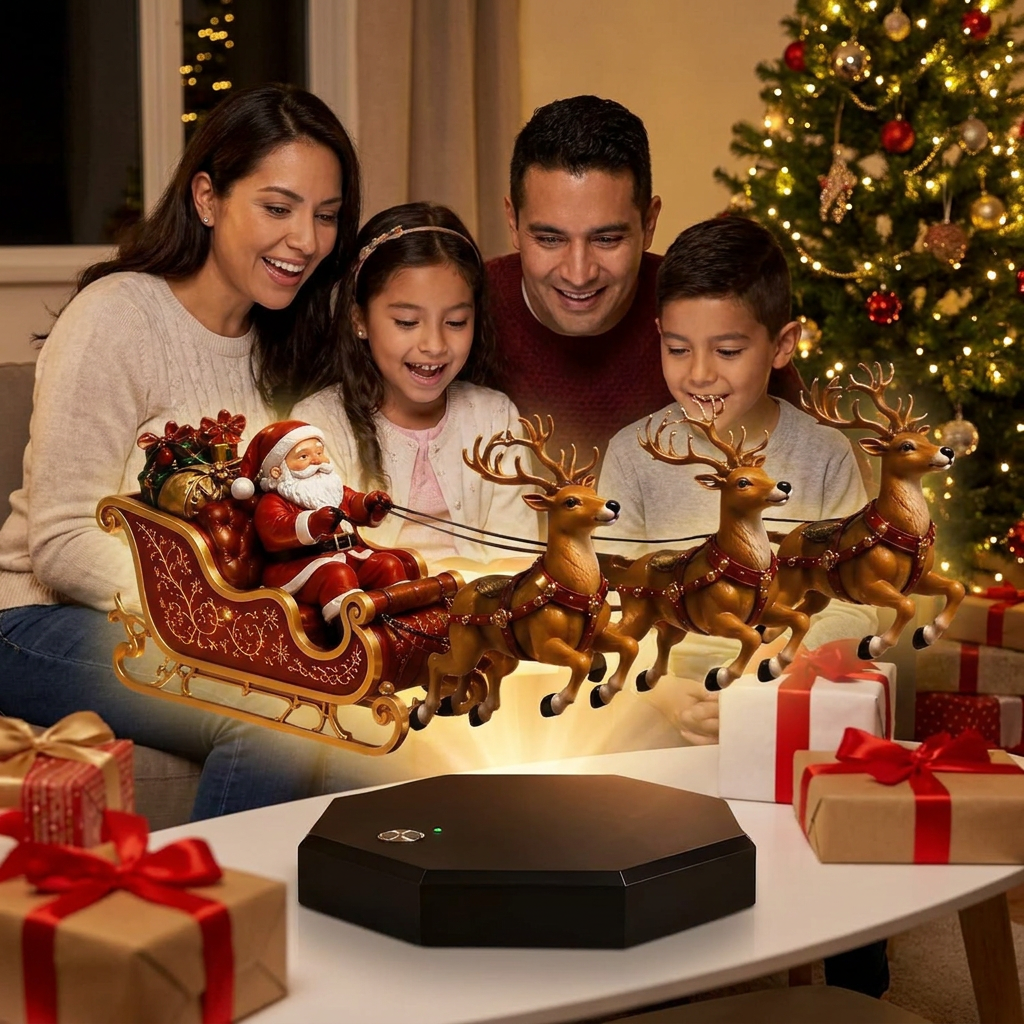 Familia mirando el trineo de Santa flotar